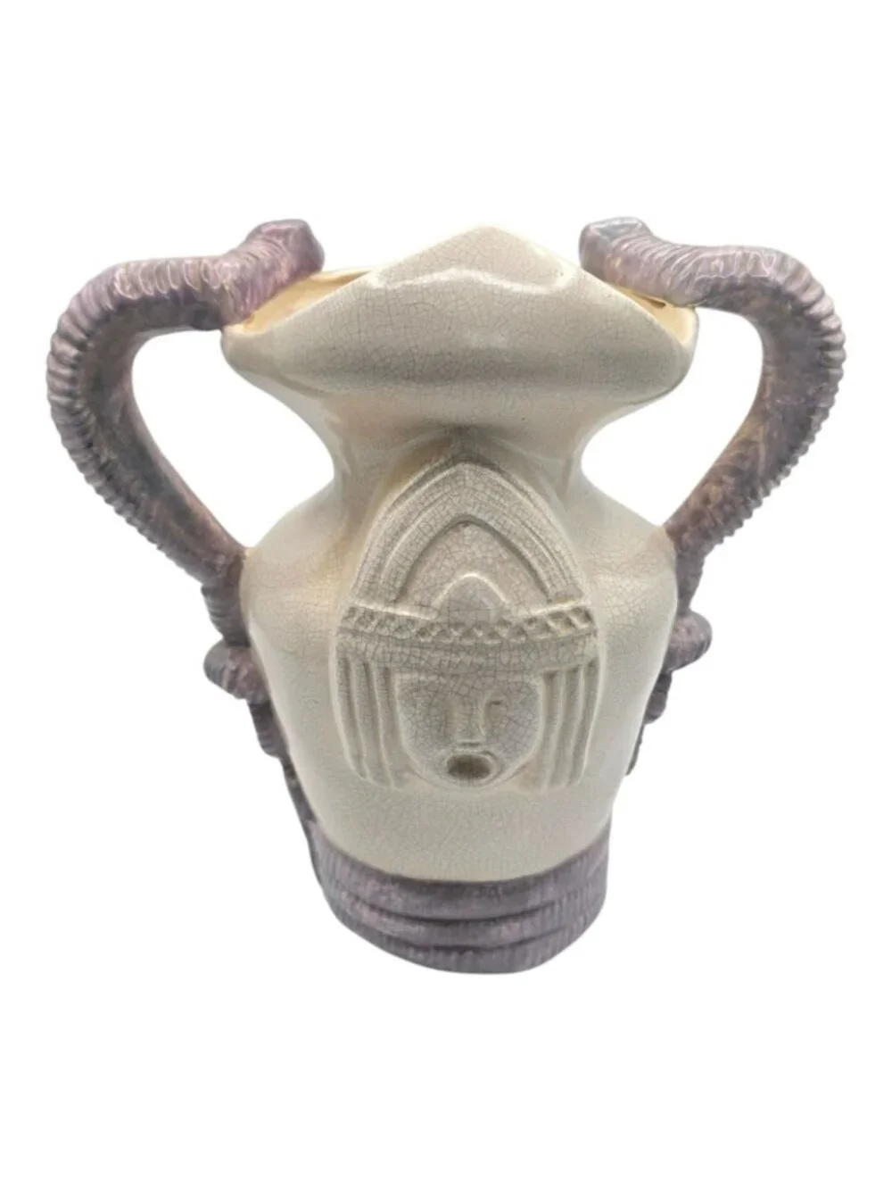 Vintage Italian Maiolica Ceramic Snake Handle Vase Egyptian Goddess Crackle